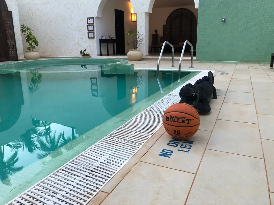 Poolside training with a Basket Bullet medicine ball