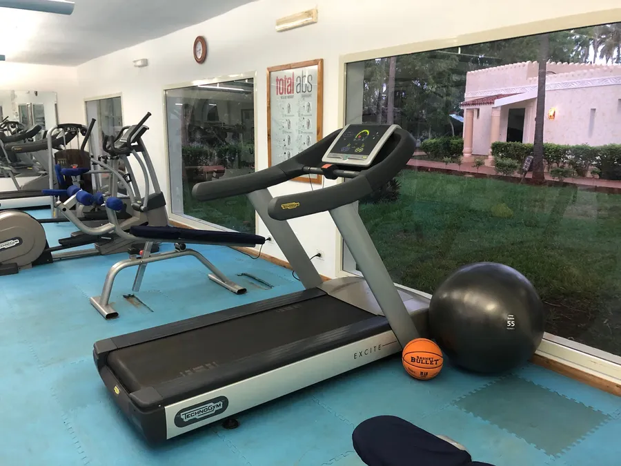 A Basket Bullet medicine ball at a Technogym-equipped gym