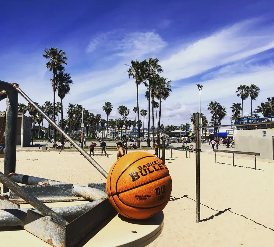 A Basket Bullet medicine ball on the courts at Venice Beach